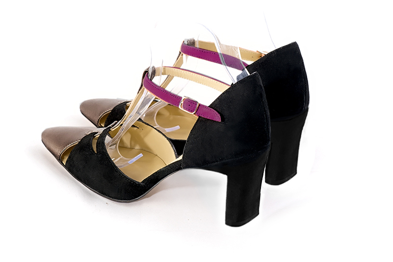 Bronze gold, matt black and mulberry purple women's T-strap open side shoes. Tapered toe. Medium comma heels. Rear view - Florence KOOIJMAN